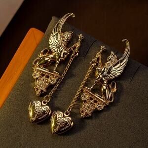 Golden Sphinx Exotic Egyptian Style Locket Heart Earrings